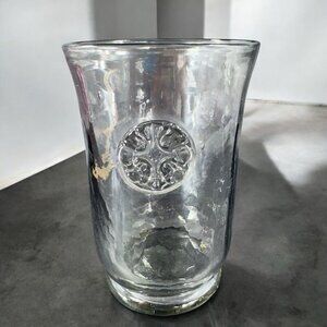 1970s Hand Blown Transparent Black Glass Vase Utensil Holder Applied Medallion